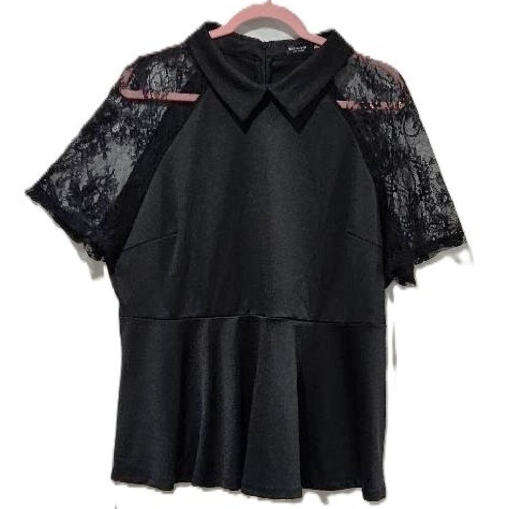 BLACK LACE COLLARED FIT & FLARE  SHORT SLEEVE HALTER TOP BLOUSE 2X